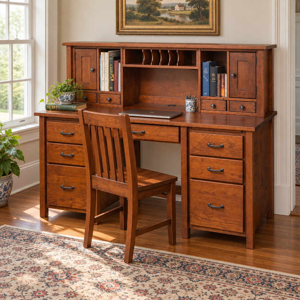 Amish Eshton Double Pedestal Desk with 5086 Hutch shown in the home office of a traditional colonial home