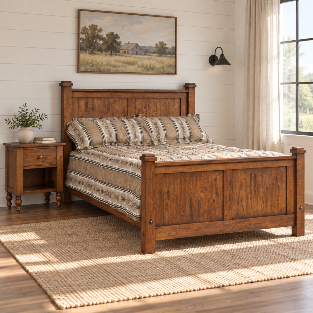 Amish Rustic Wood Telluride Panel Bed shown in the bedroom of a modern farmhouse home