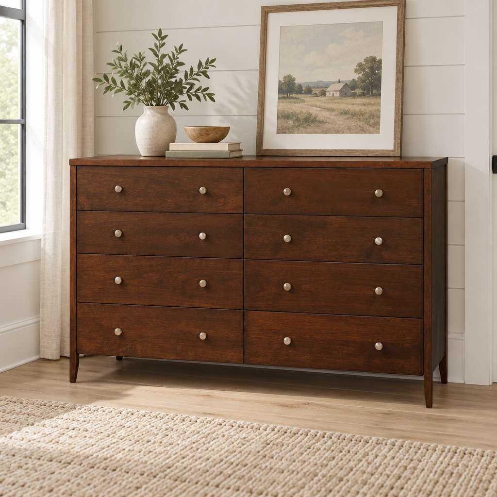 Amish Solid Wood Northampton 8-Drawer Dresser shown in the bedroom of a modern farmhouse home