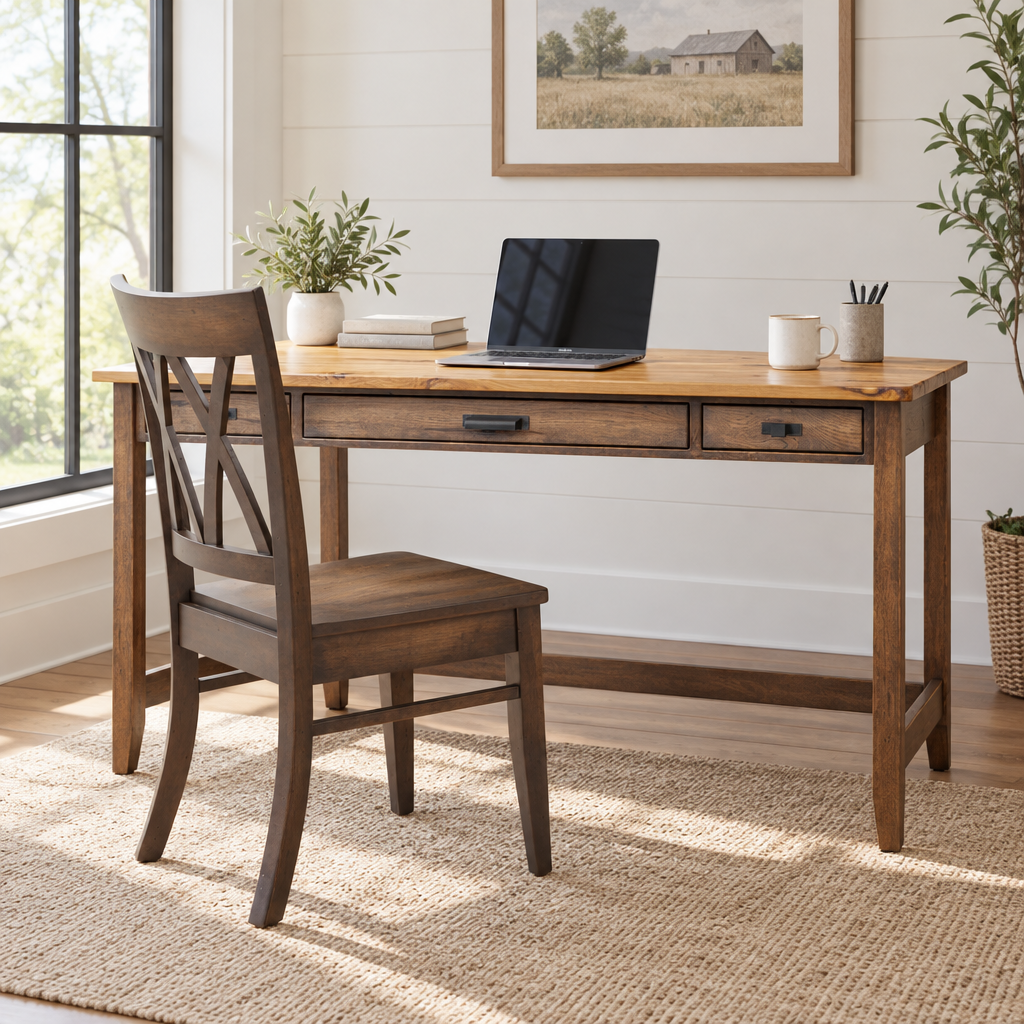 Belmont Amish Large Table Desk shown in the home office of a modern farmhouse home