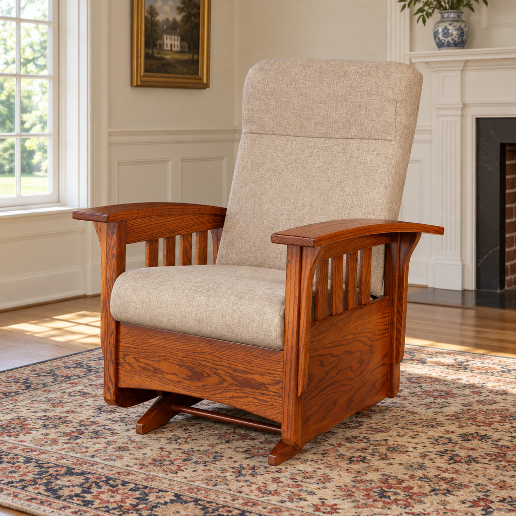 Amish Classic Mission Wood Frame Glider shown in the living room of a traditional colonial home