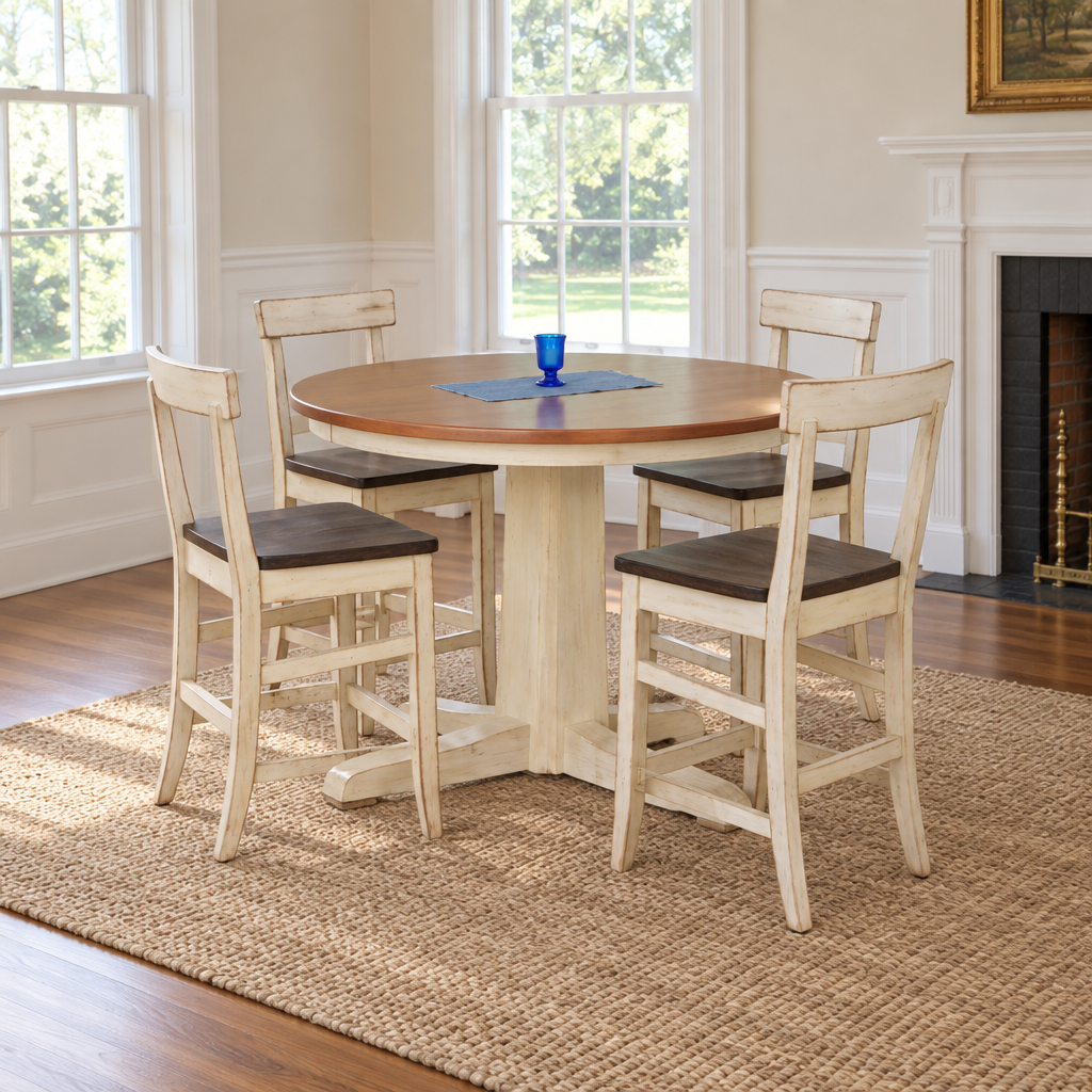 Amish La Croix Round Expandable Counter Height Table shown in the dining room of a traditional colonial home