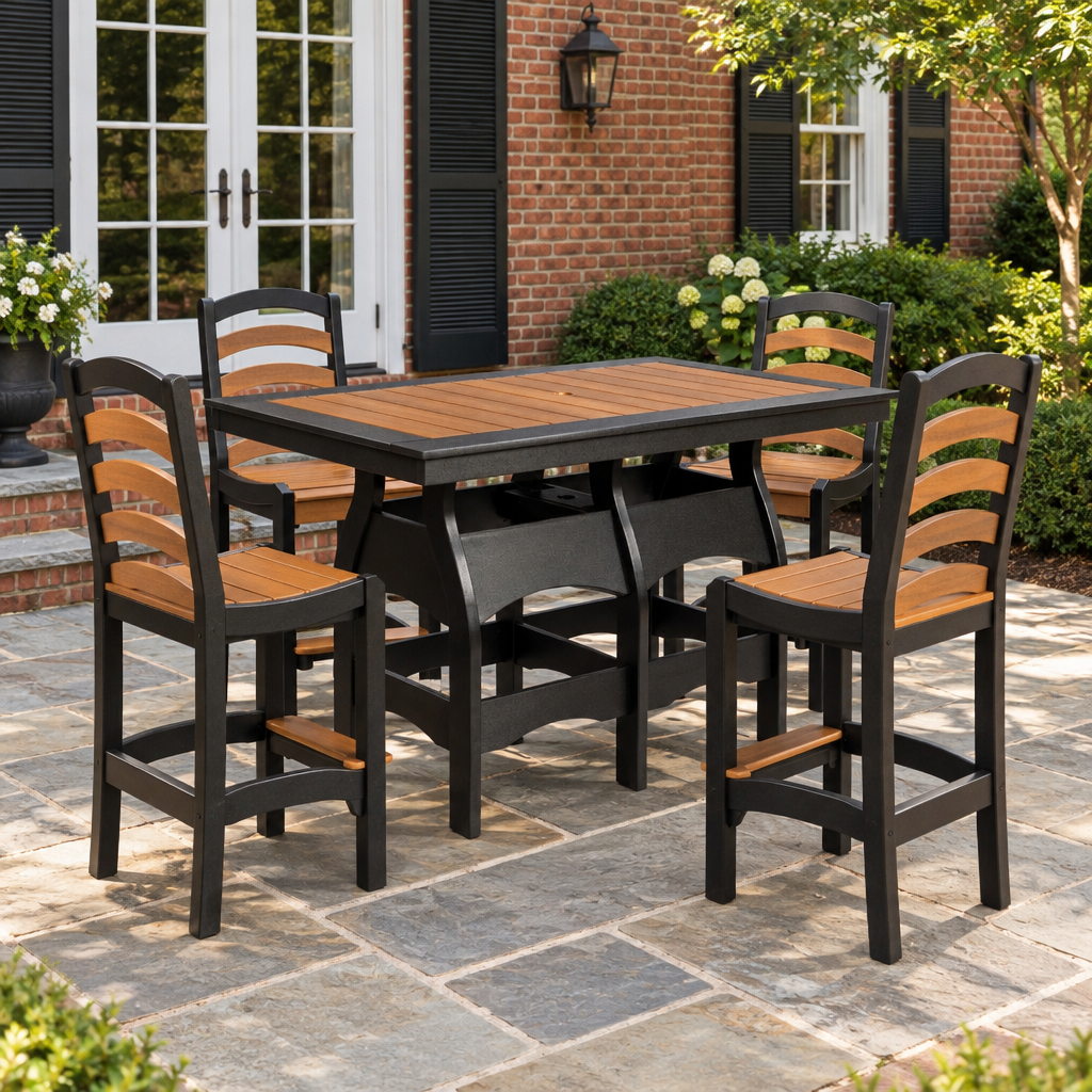 Amish Nashau Poly Patio 42" x 72" Bar Height Table shown in the back patio of a traditional colonial home
