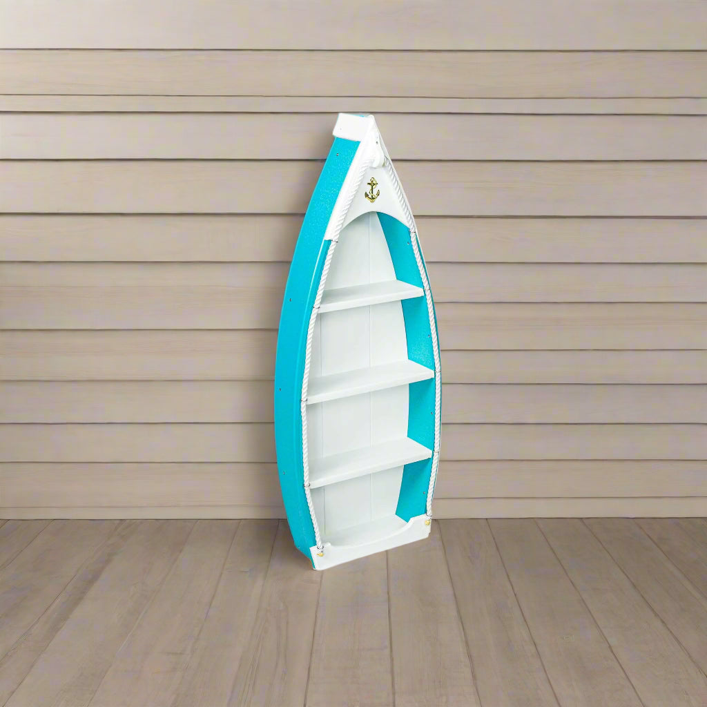 A white and blue poly outdoor rowboat-shaped bookshelf with multiple horizontal shelves.