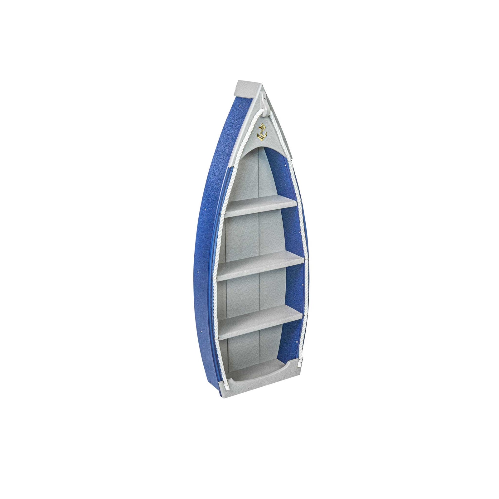 A white and blue poly outdoor rowboat-shaped bookshelf with multiple horizontal shelves.