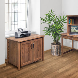 Oak printer cabinet with two paneled doors and dark bar pulls, holding a printer beside a sunny home office window