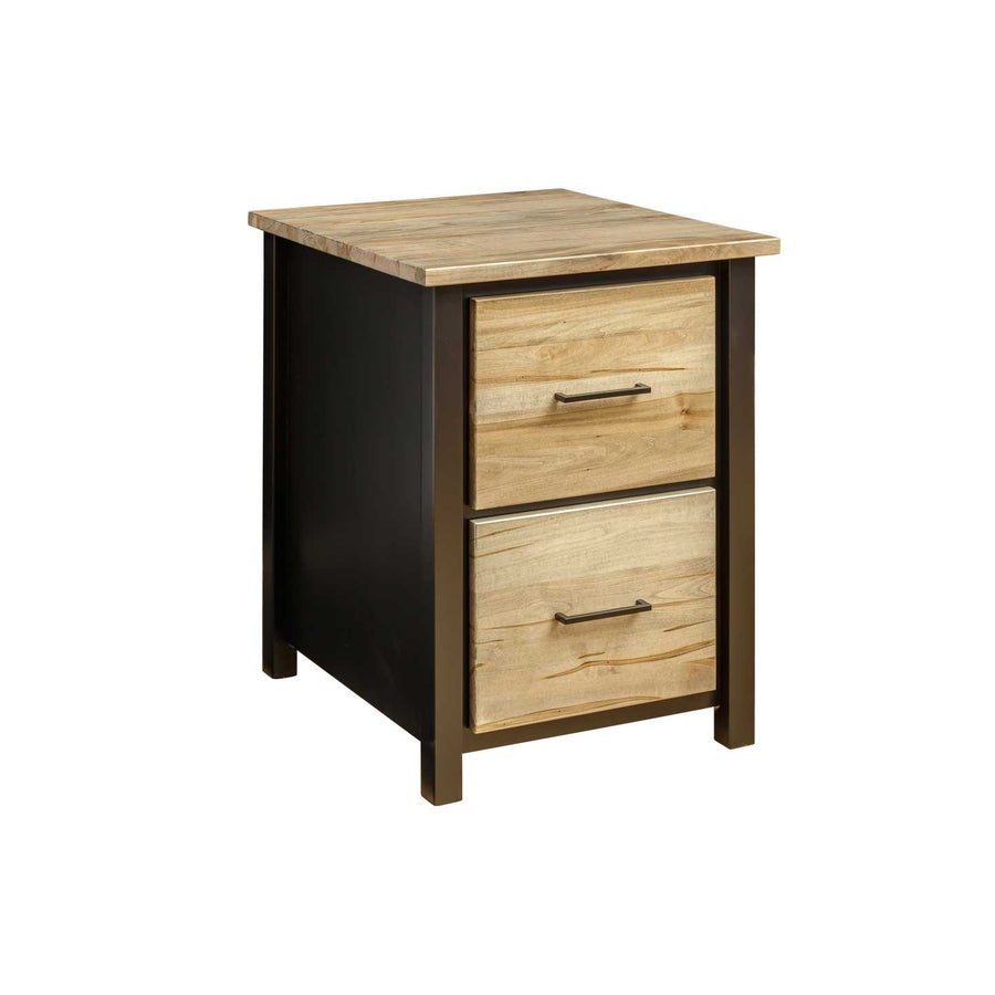 Two drawer file cabinet with a black painted body, natural maple drawer fronts and slim dark bar pulls