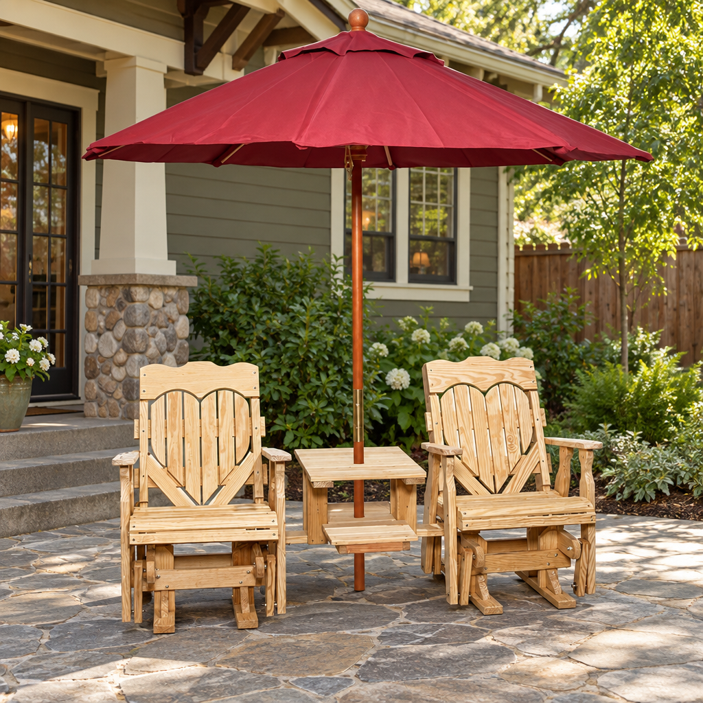 Amish Outdoor Wood High Back Heart Double Glider shown in the back patio of a craftsman bungalow home