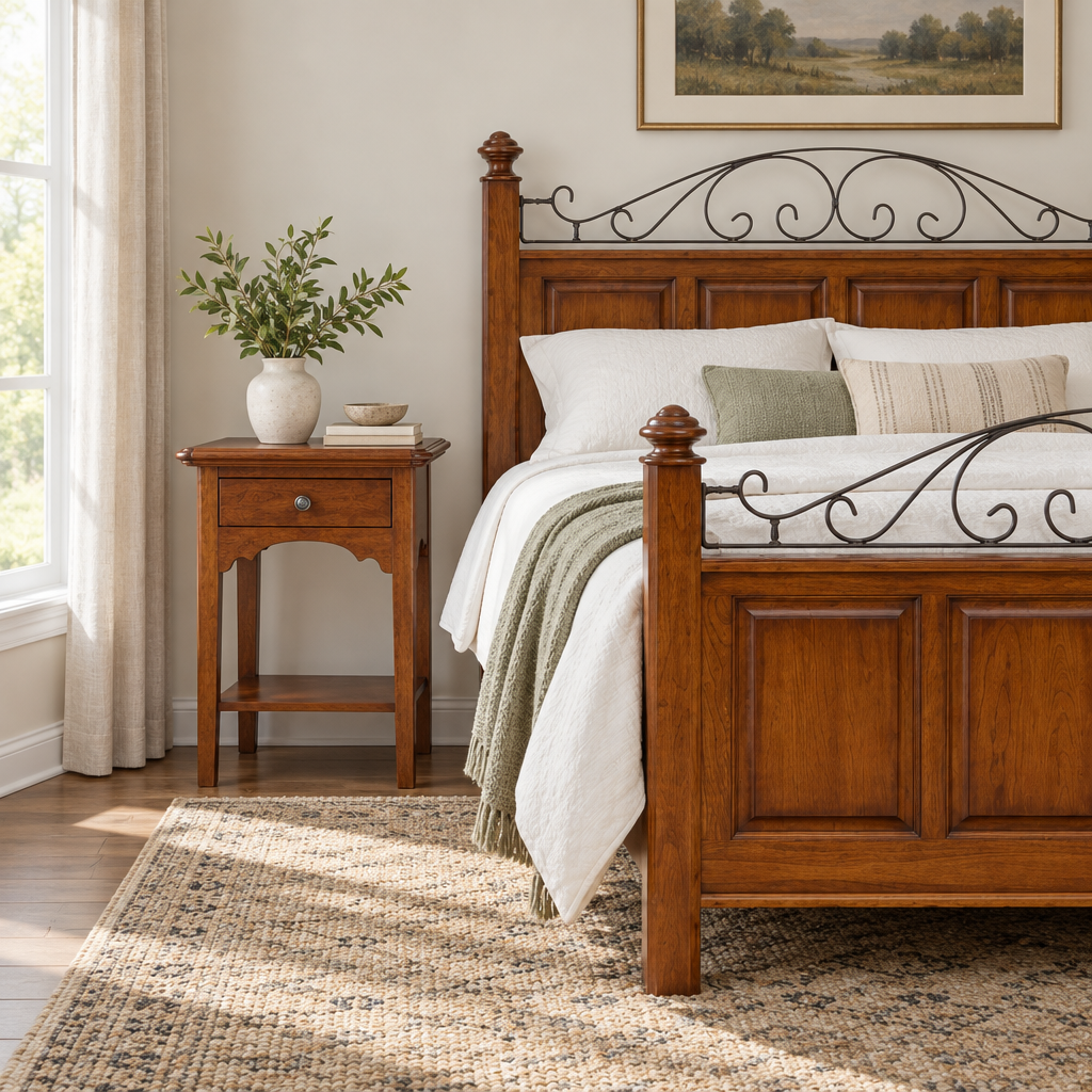 Amish Wellington 1-Drawer Open Night Table shown in the bedroom of a transitional home