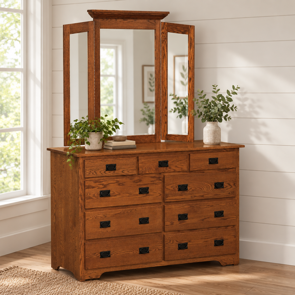 Mission Amish Solid Wood 9 Drawer Mule Chest shown in the bedroom of a modern farmhouse home