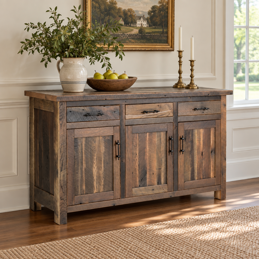 Amish Redland Reclaimed Wood Server shown in the dining room of a traditional colonial home