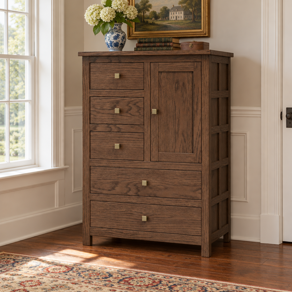 Amish Alto Solid Wood 1 Door Chest (small door) shown in the bedroom of a traditional colonial home