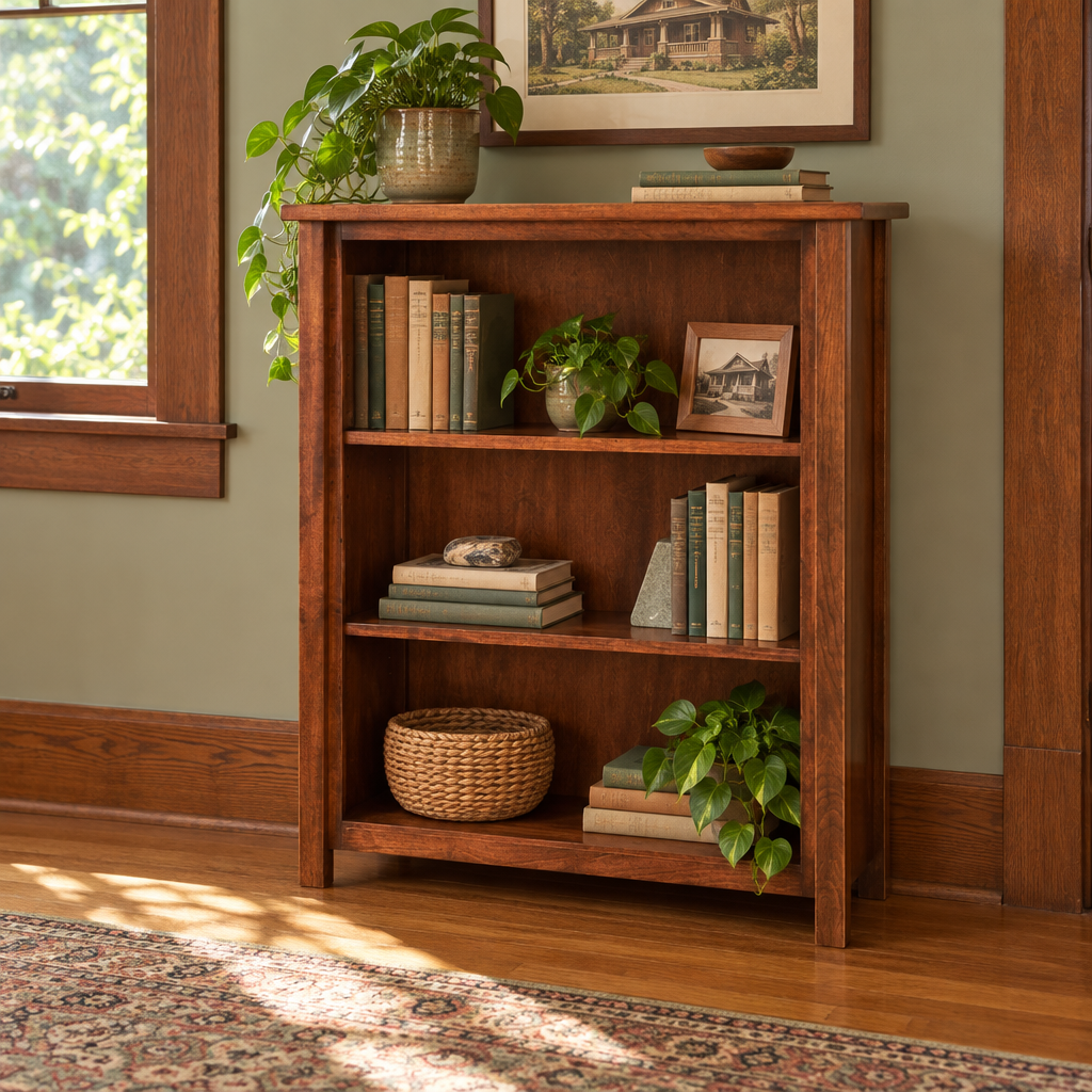 Amish Eshton Open Bookcase shown in the home office of a craftsman bungalow home