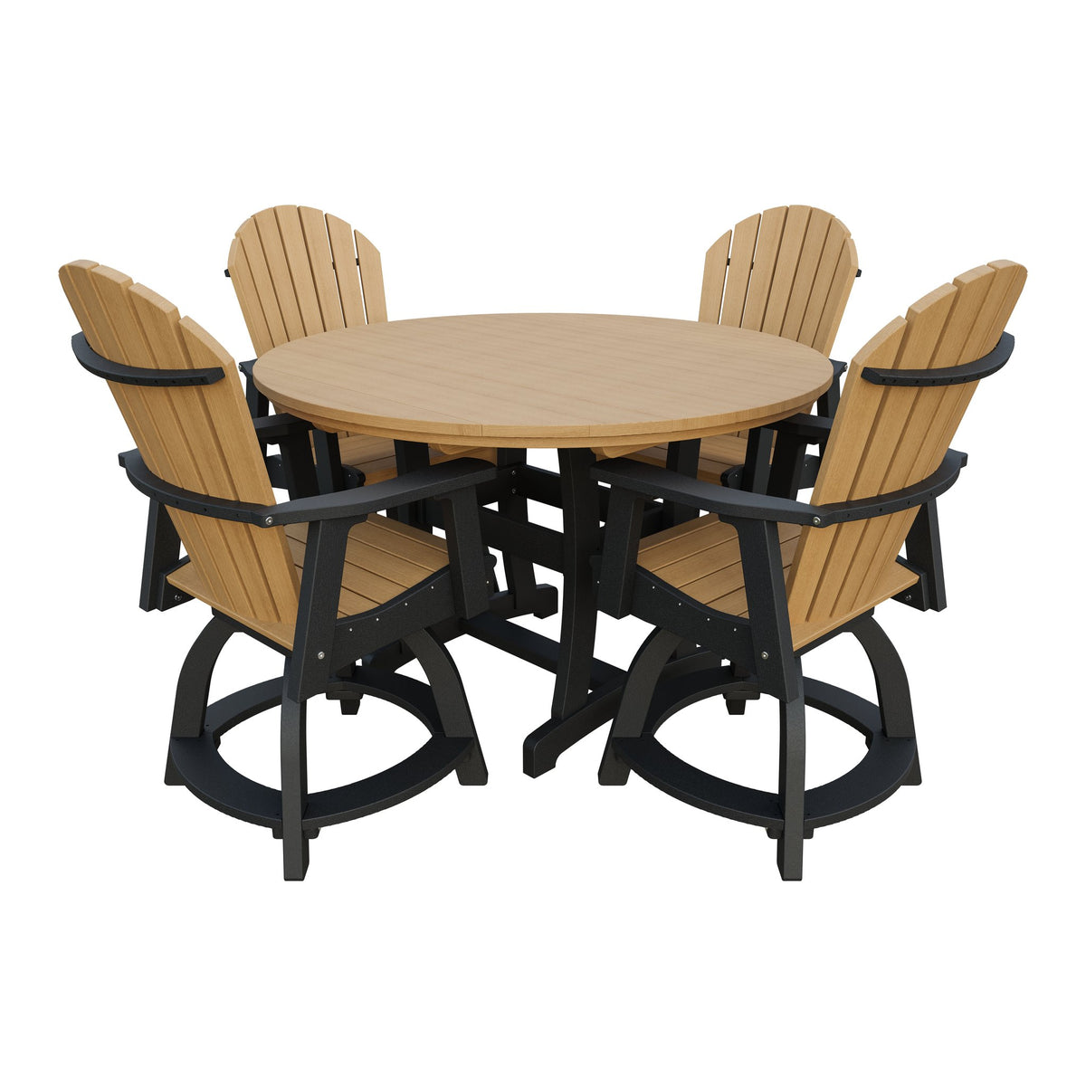Amish Legacy 54" Round Counter Set: Table & 4 Swivel Chairs in Natural Teak & Black