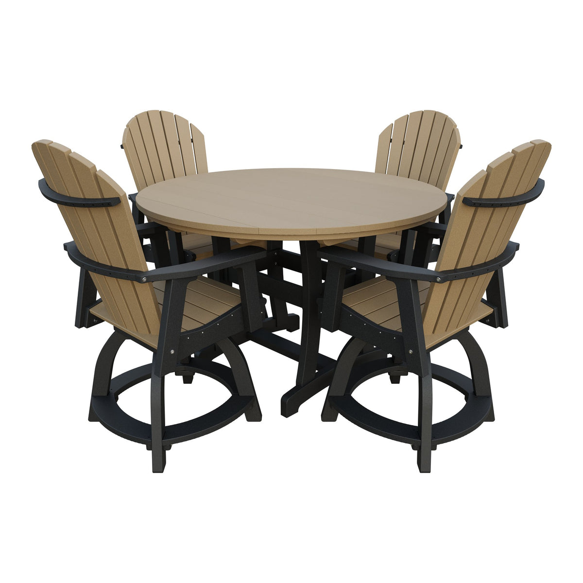 Amish Legacy 54" Round Counter Set: Table & 4 Swivel Chairs in Weathered Wood & Black