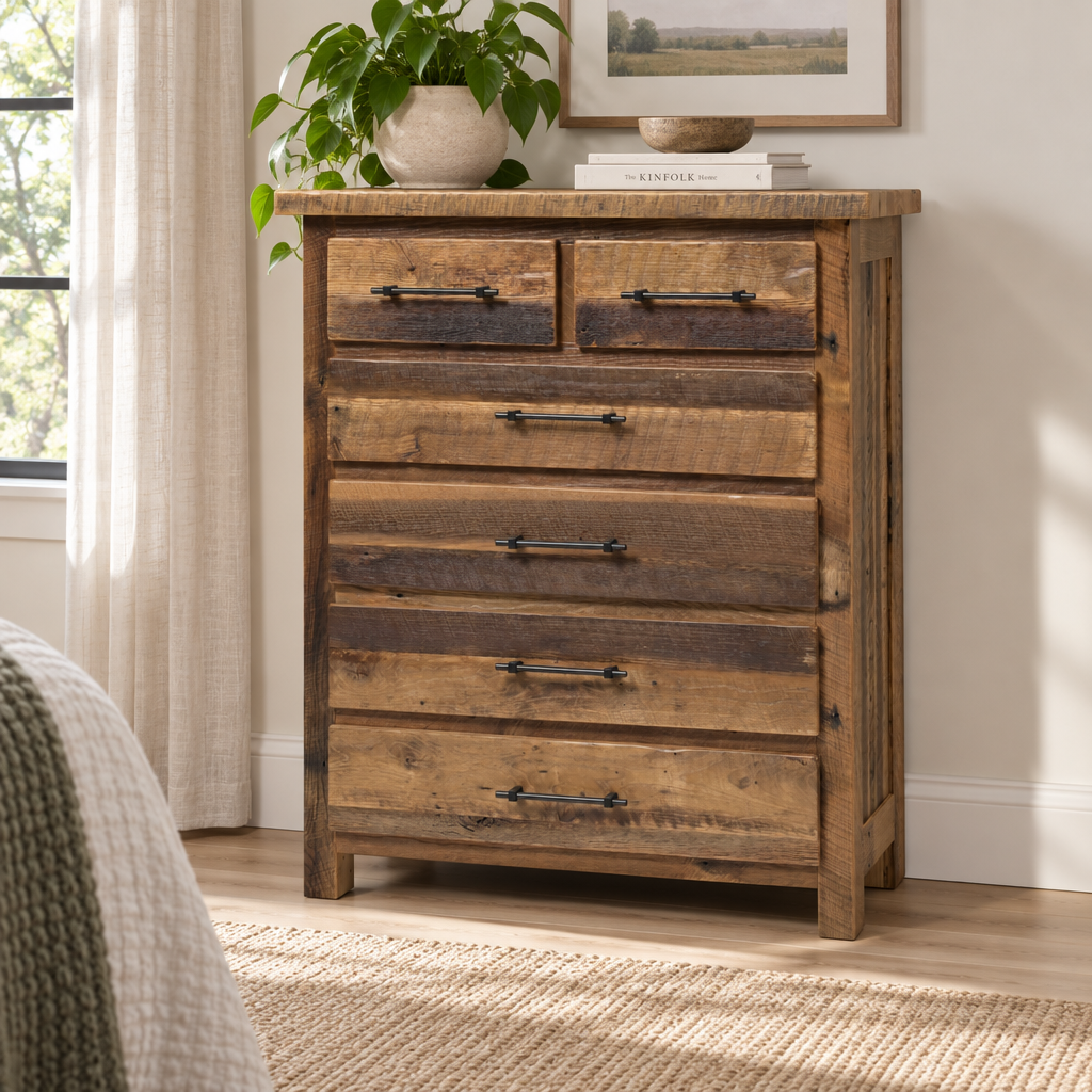 Amish Strasburg Reclaimed Wood Chest of 6 Drawers shown in the bedroom of a transitional home
