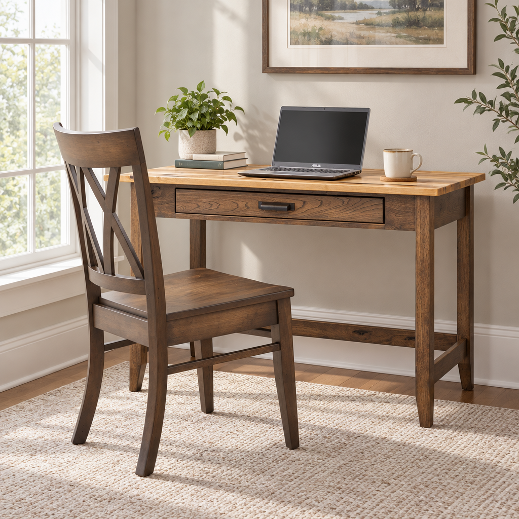 Belmont Amish Table Desk shown in the home office of a transitional home