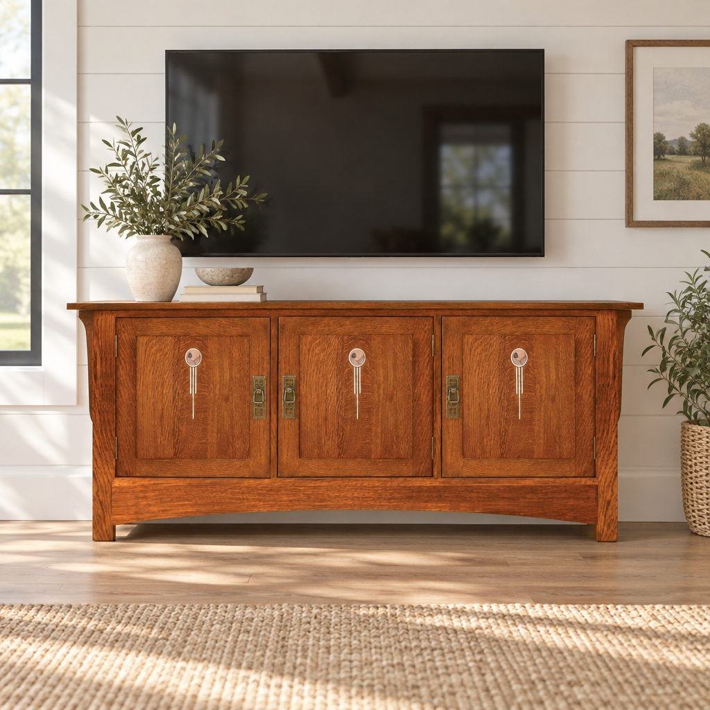 Amish Solid Wood Artesano 3-Door TV Console shown in the living room of a modern farmhouse home