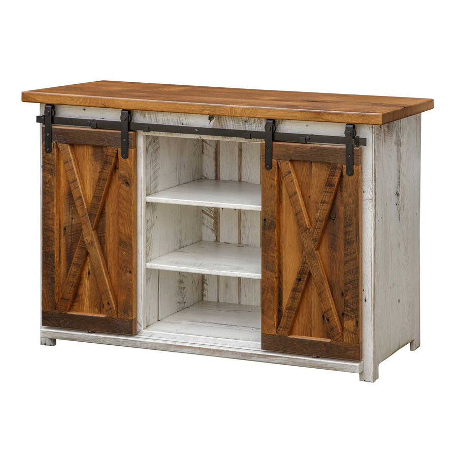 Reclaimed wood tv stand with two sliding X barn doors on black rail hardware and three open whitewashed shelves