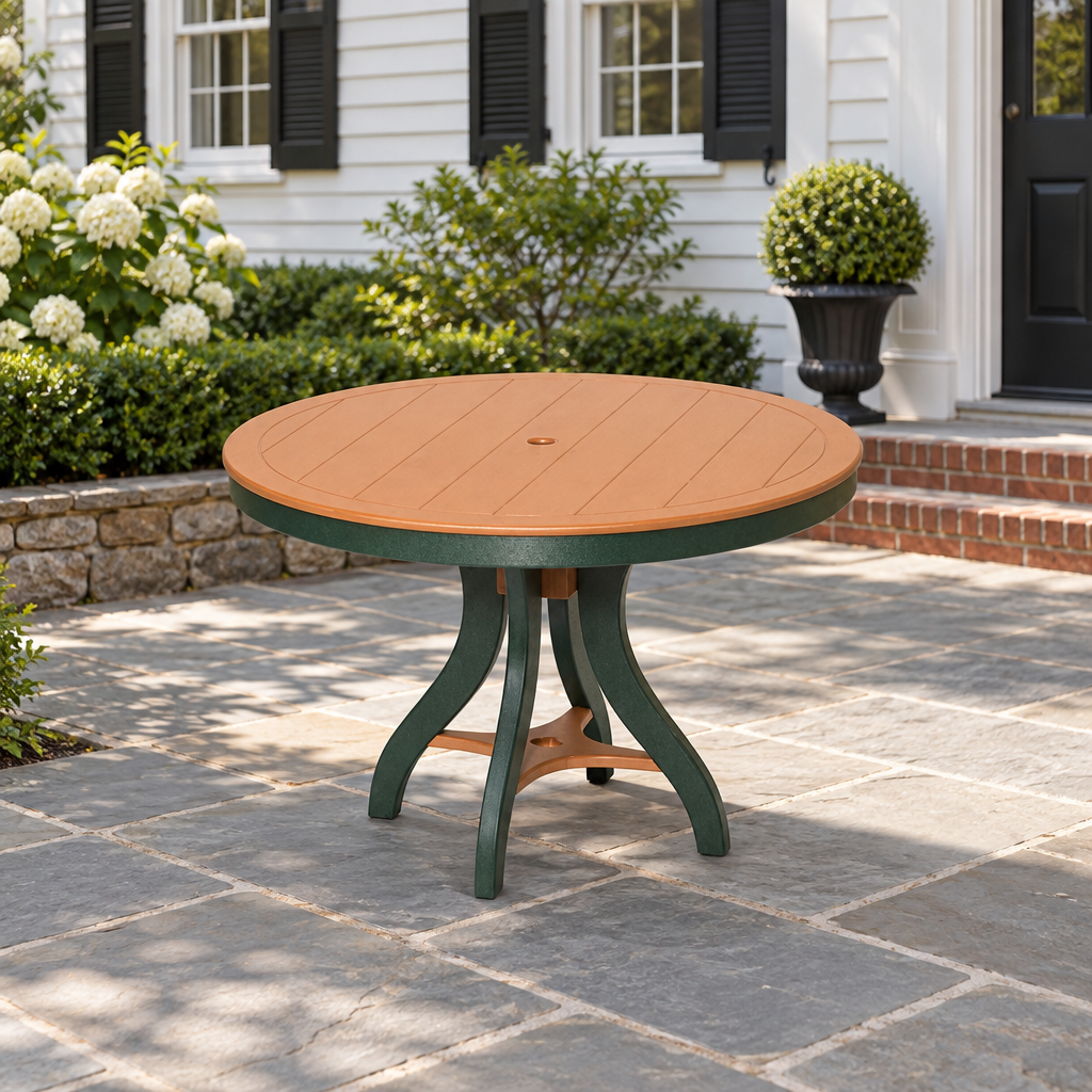 Amish 44" Round Poly Dining Counter Bar Patio Table shown in the back patio of a traditional colonial home