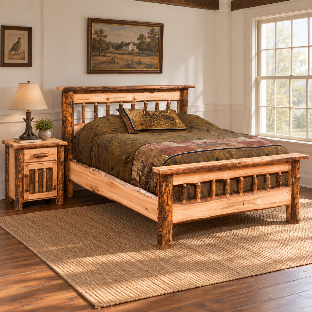 Amish Homestead Log Bed shown in the bedroom of a traditional colonial home