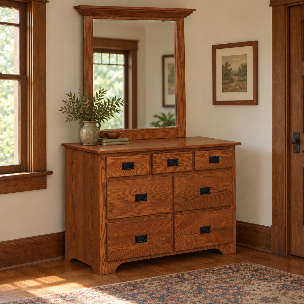 Mission Amish Solid Wood 7-Drawer 48" Dresser shown in the bedroom of a craftsman bungalow home