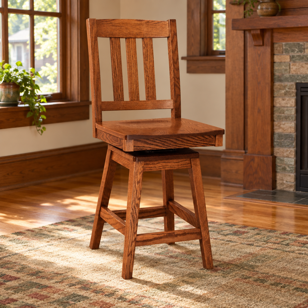 Amish Ancient Mission Swivel Bar Stool shown in the living room of a craftsman bungalow home