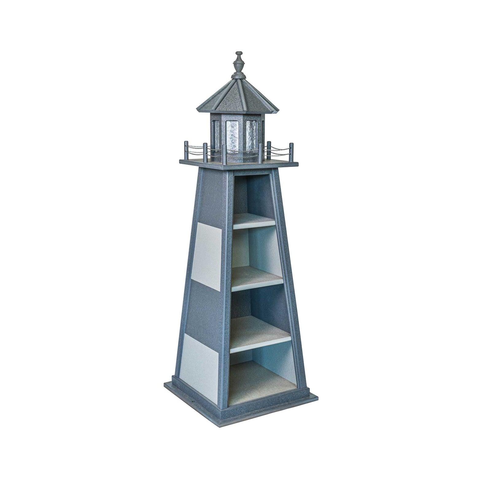 Teal poly lighthouse shelf with four open shelves holding beach towels and sunscreen, on a deck by the dunes