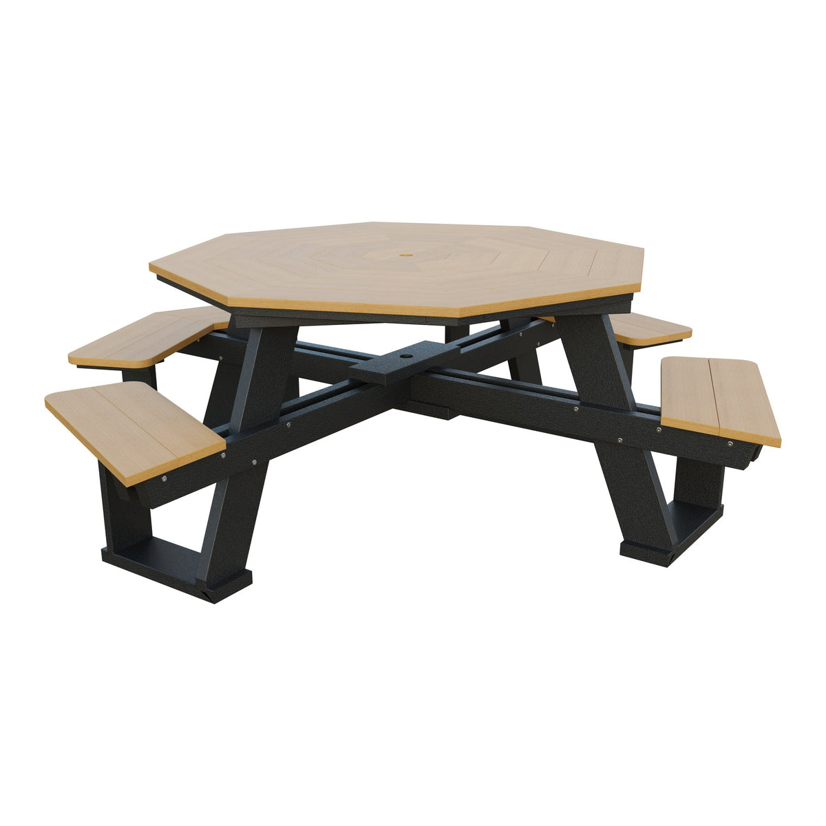 Amish 5' Poly Octagon ADA Picnic Table with Attached Seats in Natural Teak & Black