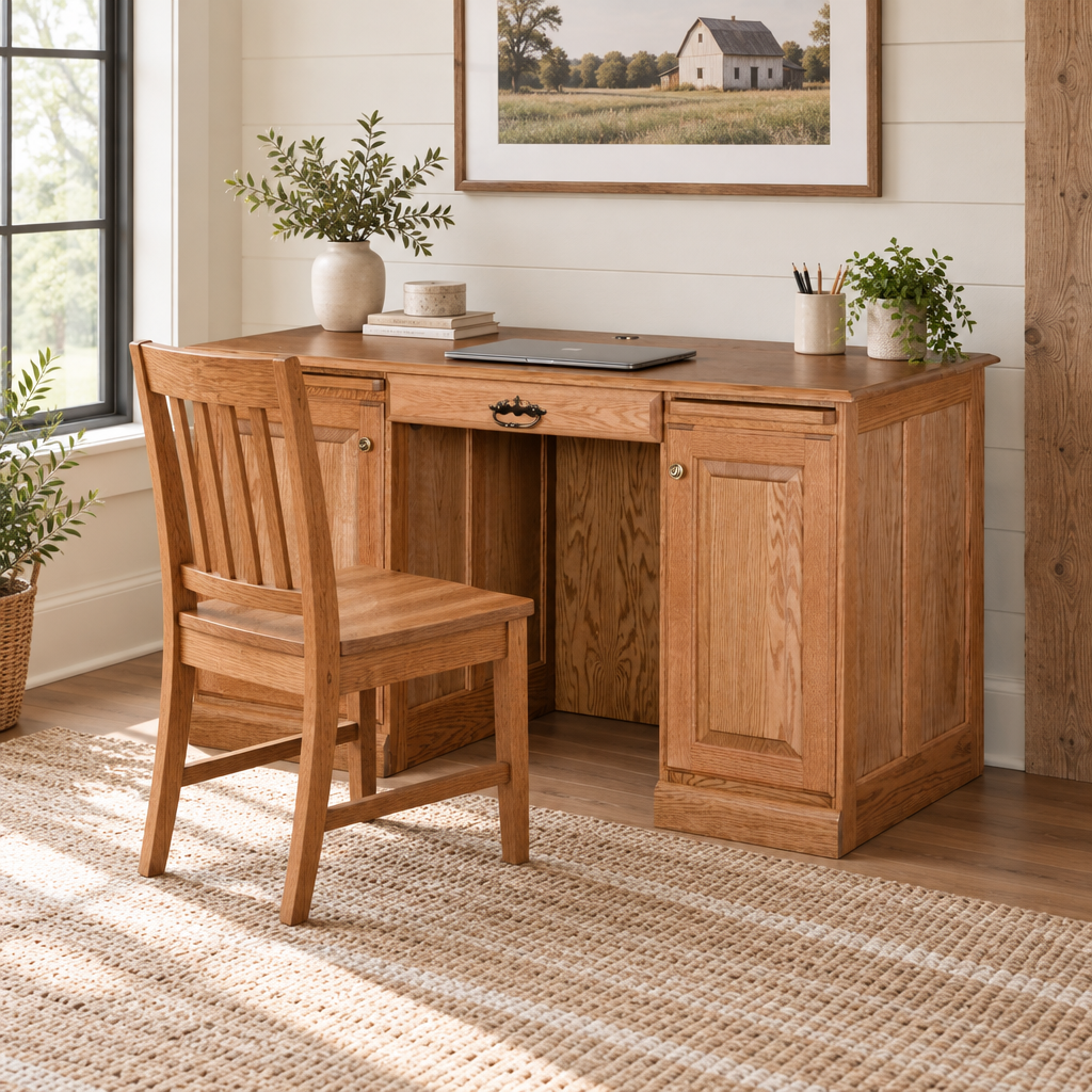 Amish Traditional 70" Wood Flat Top Computer Desk shown in the home office of a modern farmhouse home