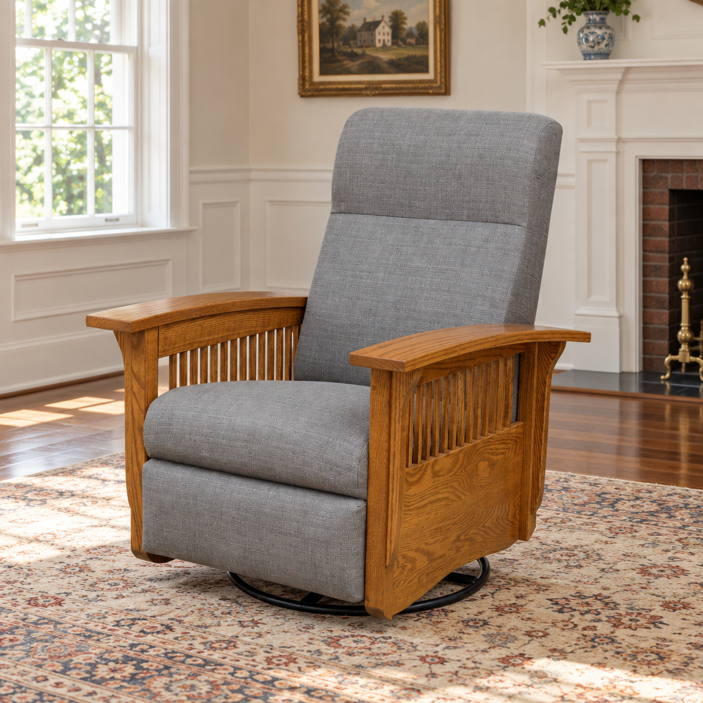 Amish Mission Swivel Recliner shown in the living room of a traditional colonial home