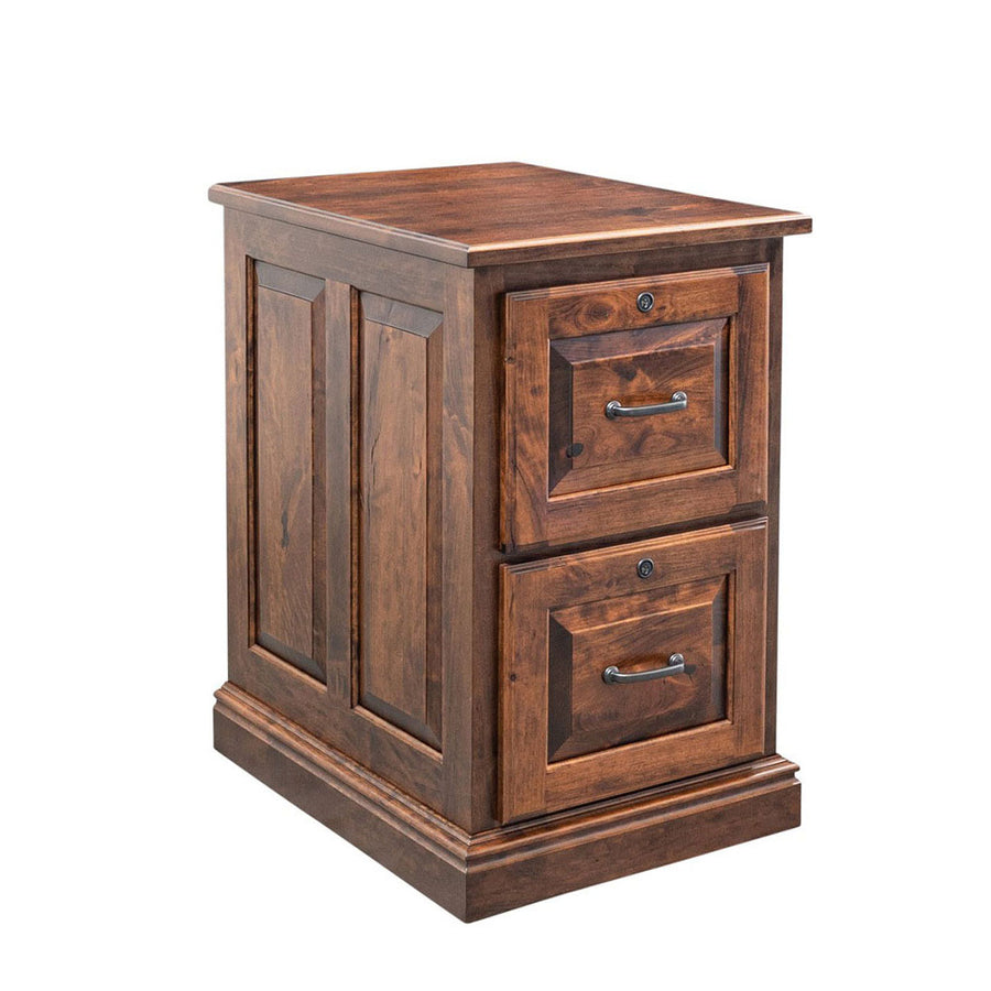 Two-drawer vertical file cabinet in dark stained wood with raised panel sides, locks, bail pulls and molded base