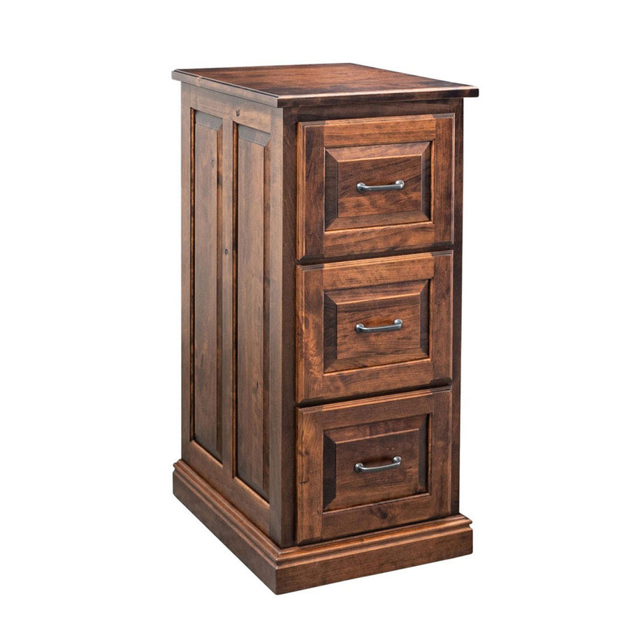 Three-drawer wood file cabinet with a rich brown finish, paneled sides, keyed locks and pewter bail pulls on white