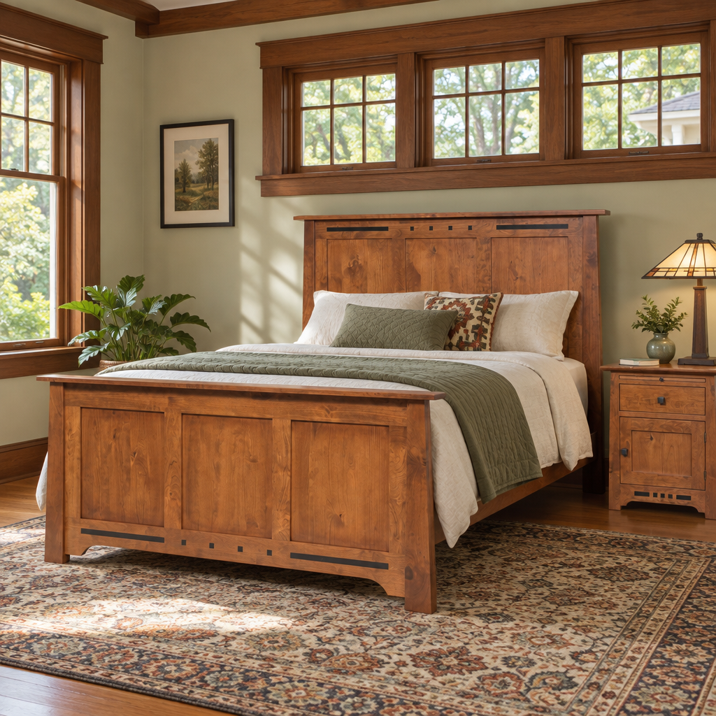 Amish Solid Wood Van Nuys Panel Bed shown in the bedroom of a craftsman bungalow home