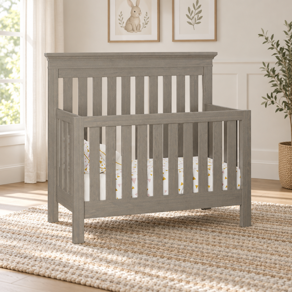 Haven Slat Amish 4 in 1 Convertible Baby Crib shown in the nursery of a transitional home