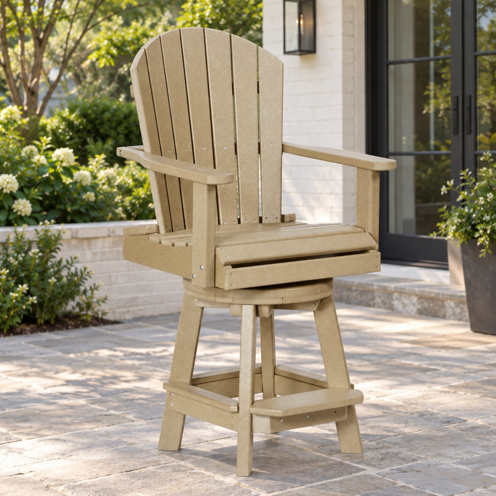 Amish Poly Patio Swivel Balcony Adirondack Bar Height Chair - Quick Ship shown in the back patio of a transitional home