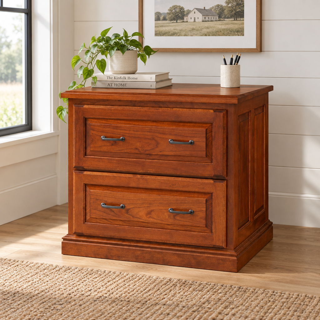Amish Office Pro Lateral File Cabinet shown in the home office of a modern farmhouse home