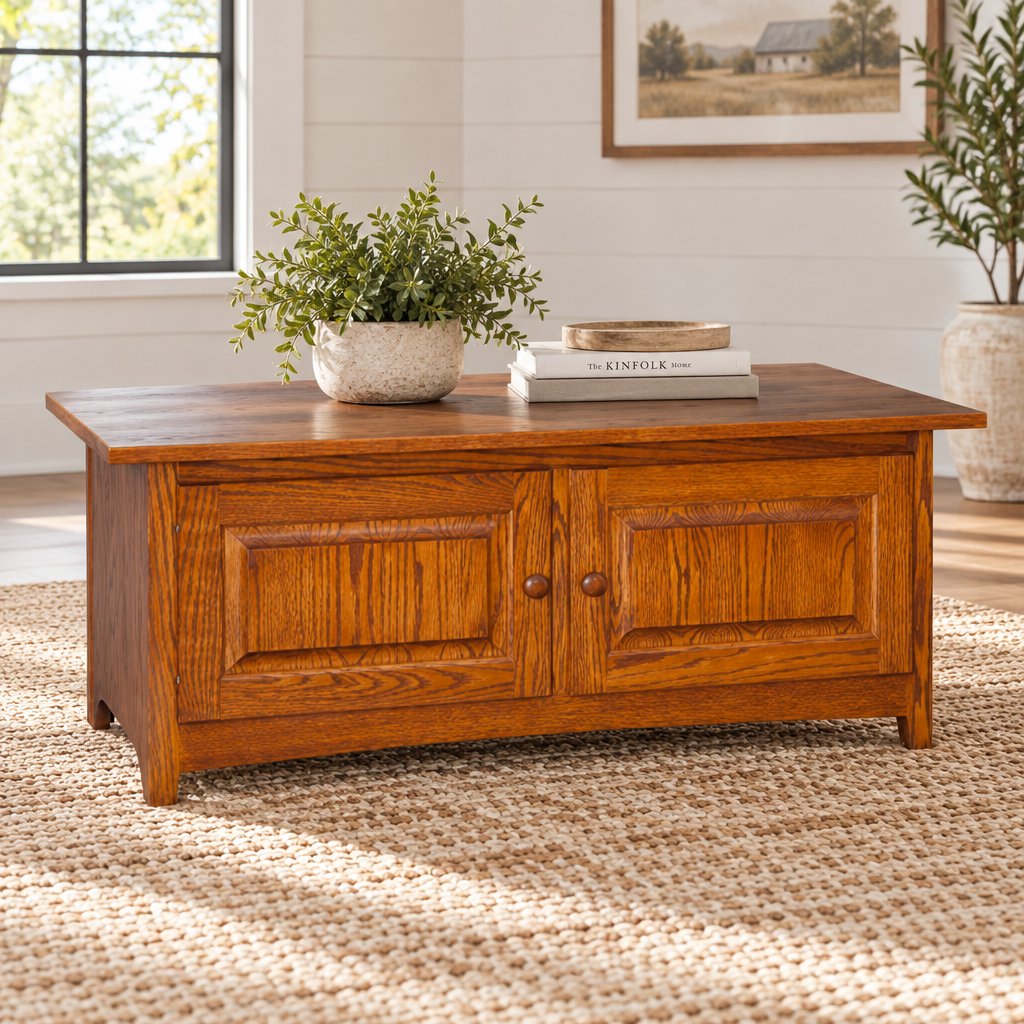 Amish Shaker 46" Coffee Table shown in the living room of a modern farmhouse home