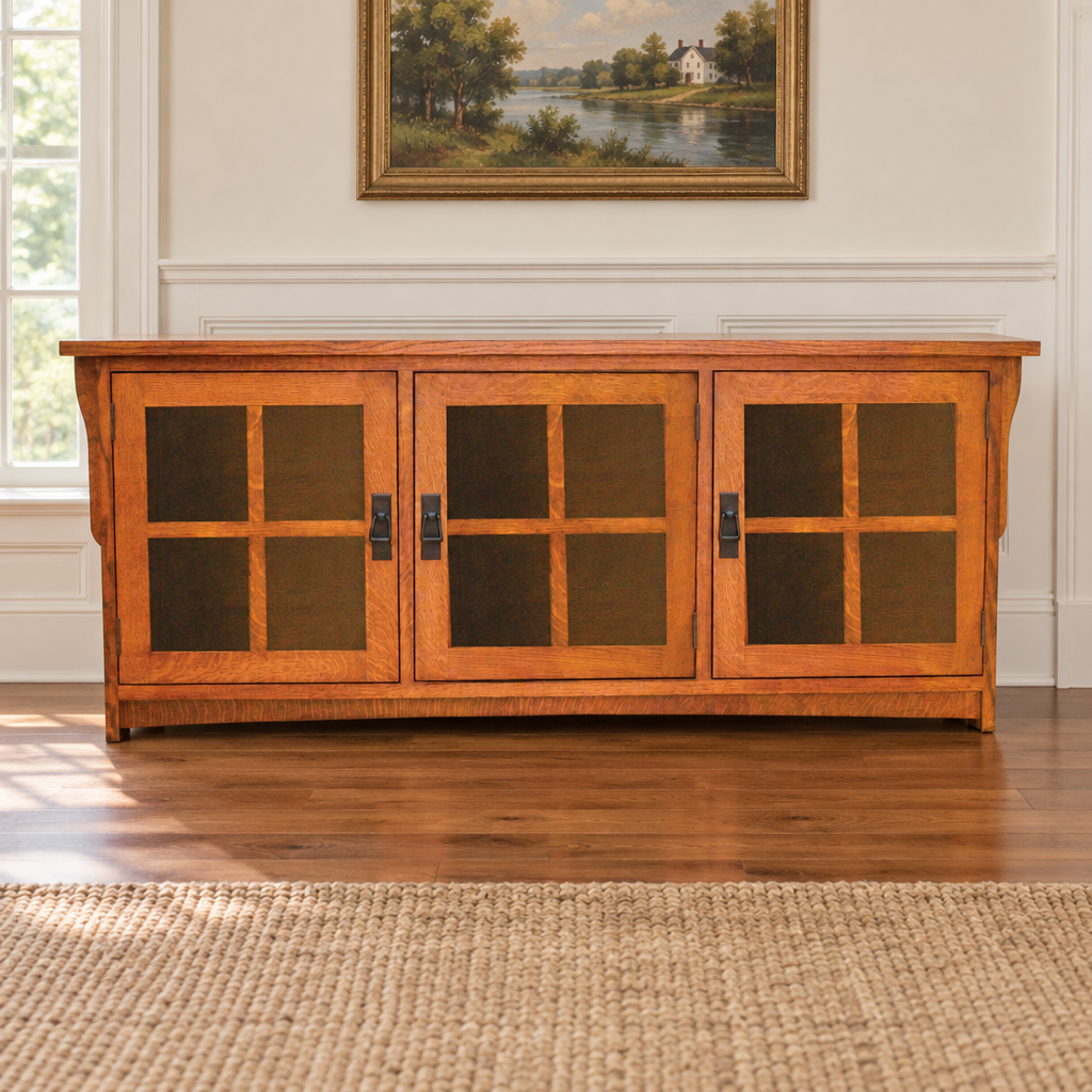 Amish Solid Wood Spanish Mission TV Console 3 Door shown in the living room of a traditional colonial home