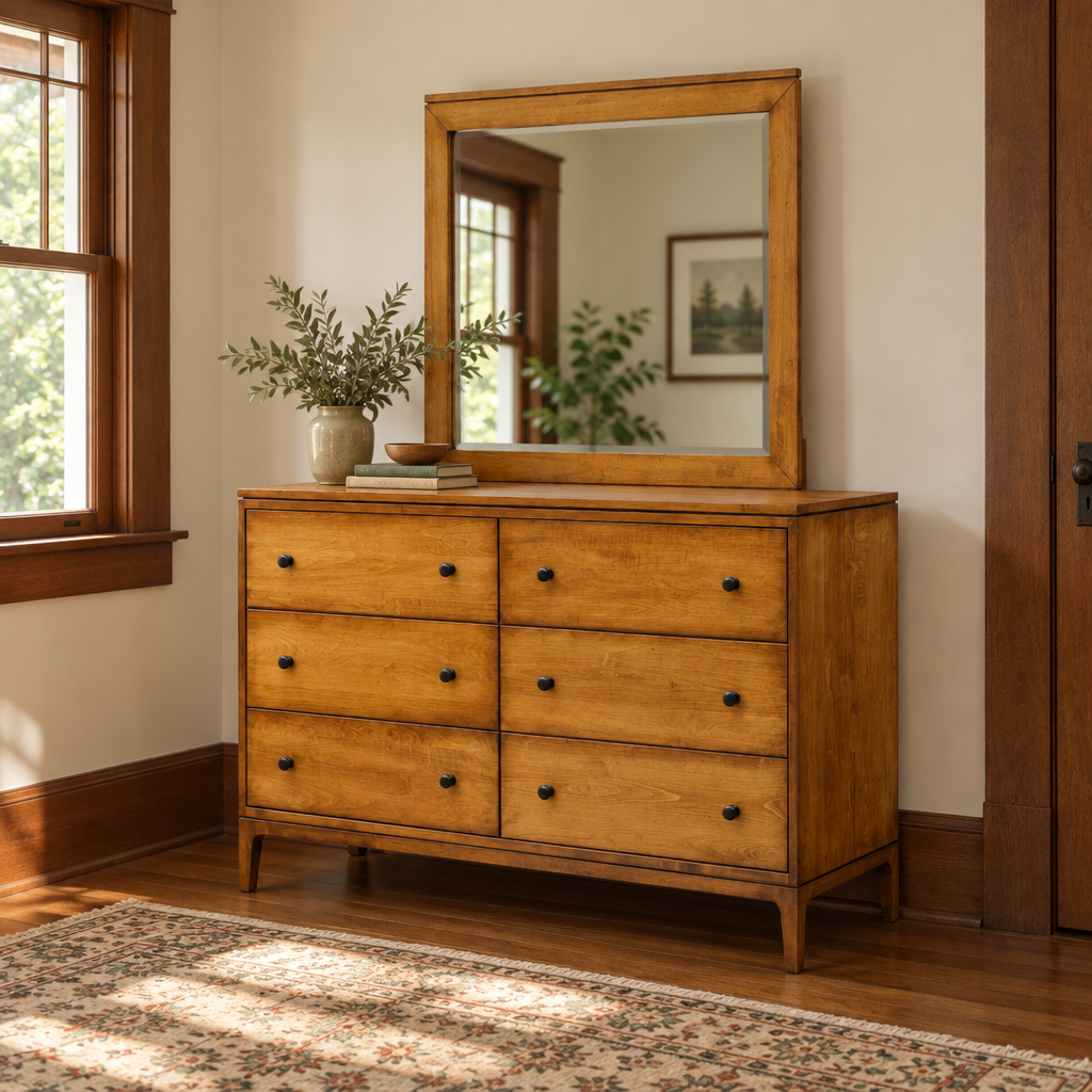 Amish Kiel Mid-Century Modern Solid Wood Double Dresser shown in the bedroom of a craftsman bungalow home