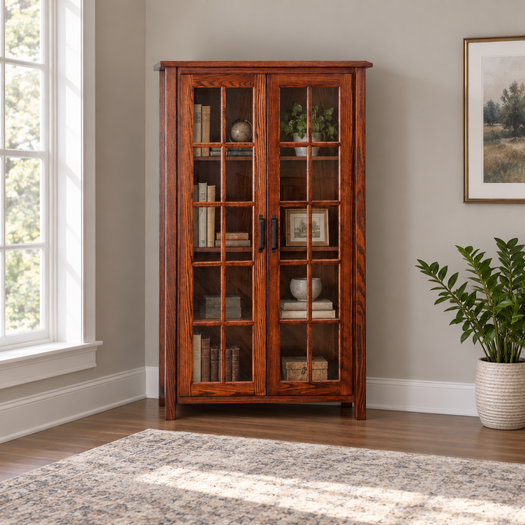 Amish Eshton 5ft Bookcase with Doors shown in the home office of a transitional home