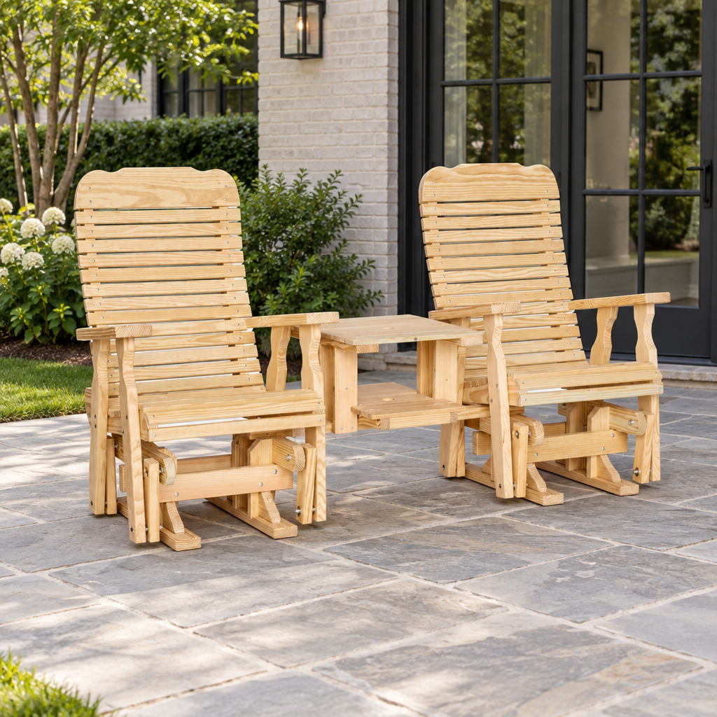 Amish Outdoor Wood Easy Double Glider Settee shown in the back patio of a transitional home