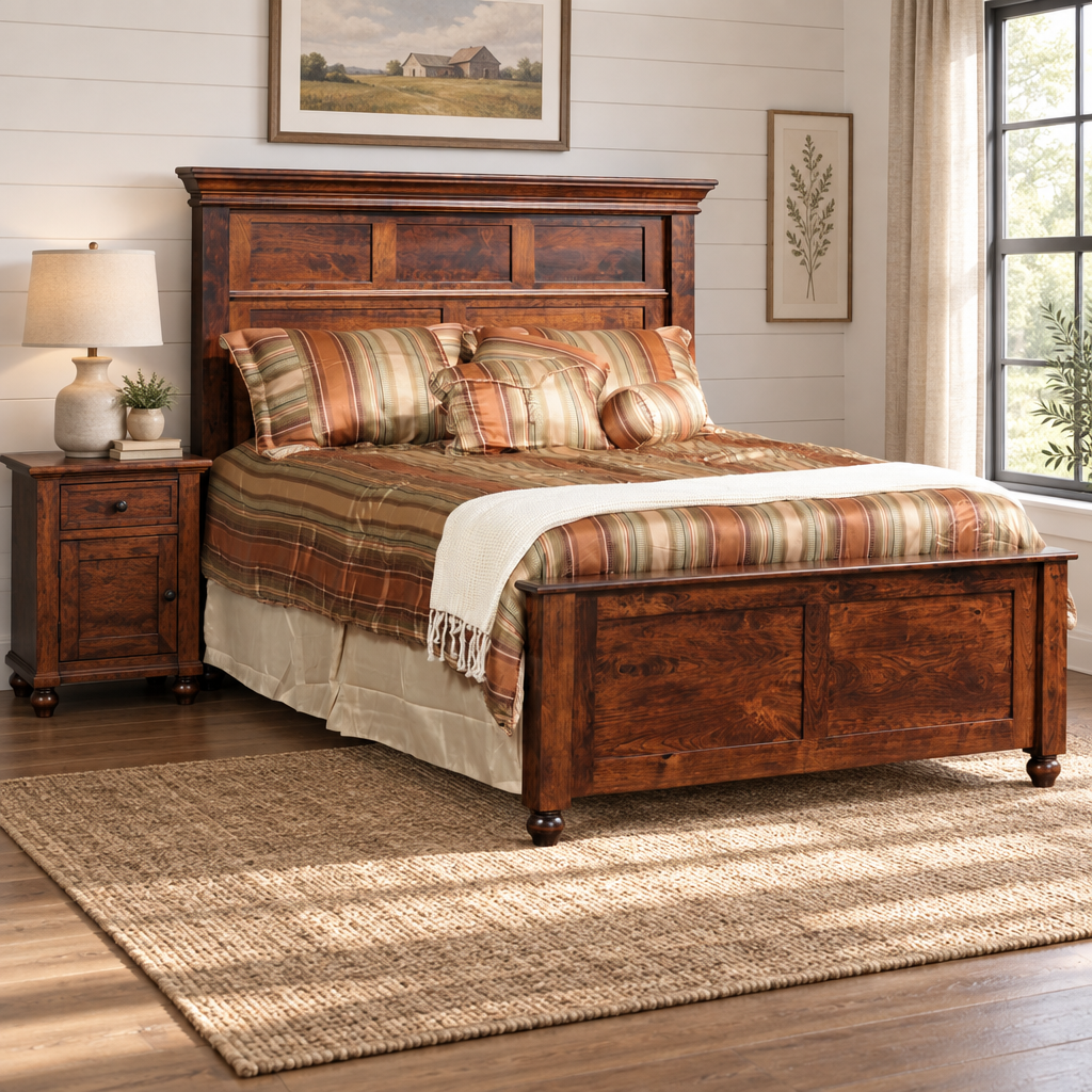 Amish Solid Wood West Point Panel Bed shown in the bedroom of a modern farmhouse home