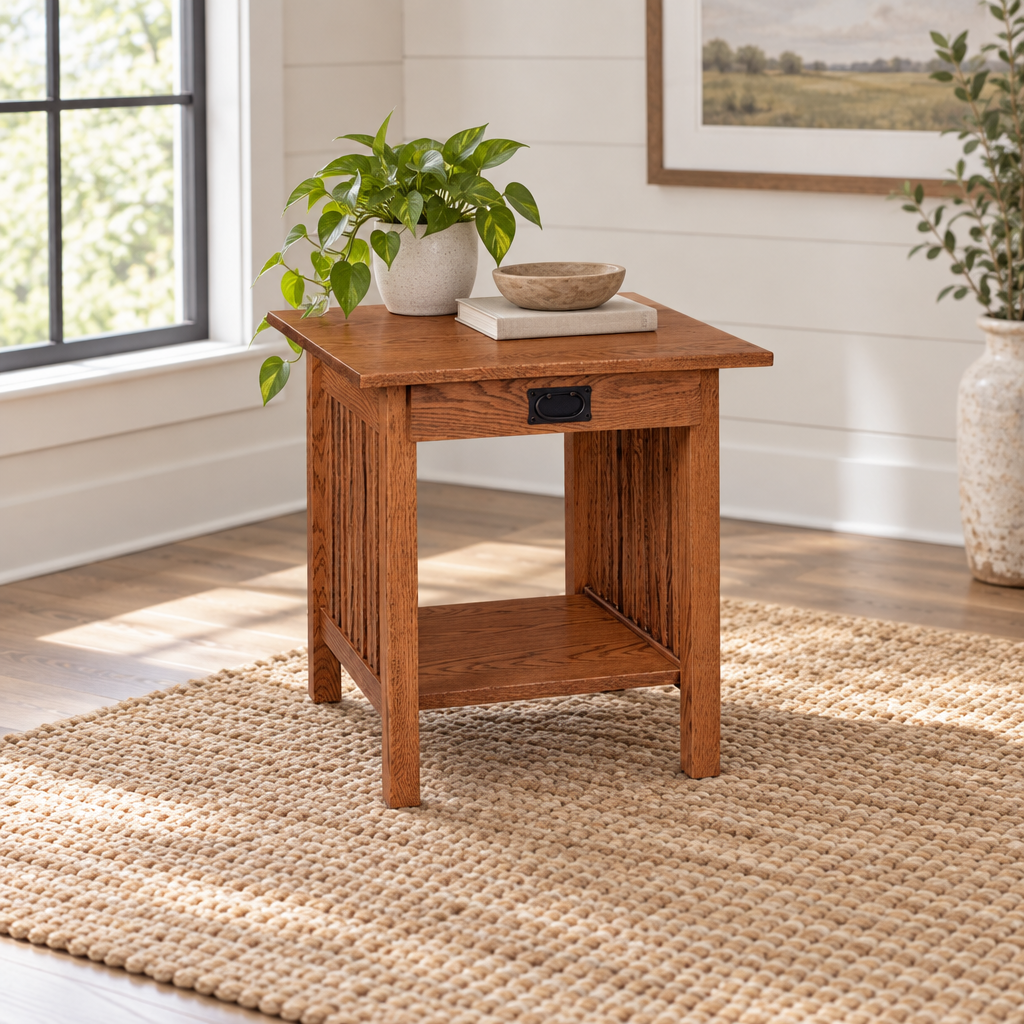 Amish Mission Solid Wood End Table with Drawer shown in the living room of a modern farmhouse home