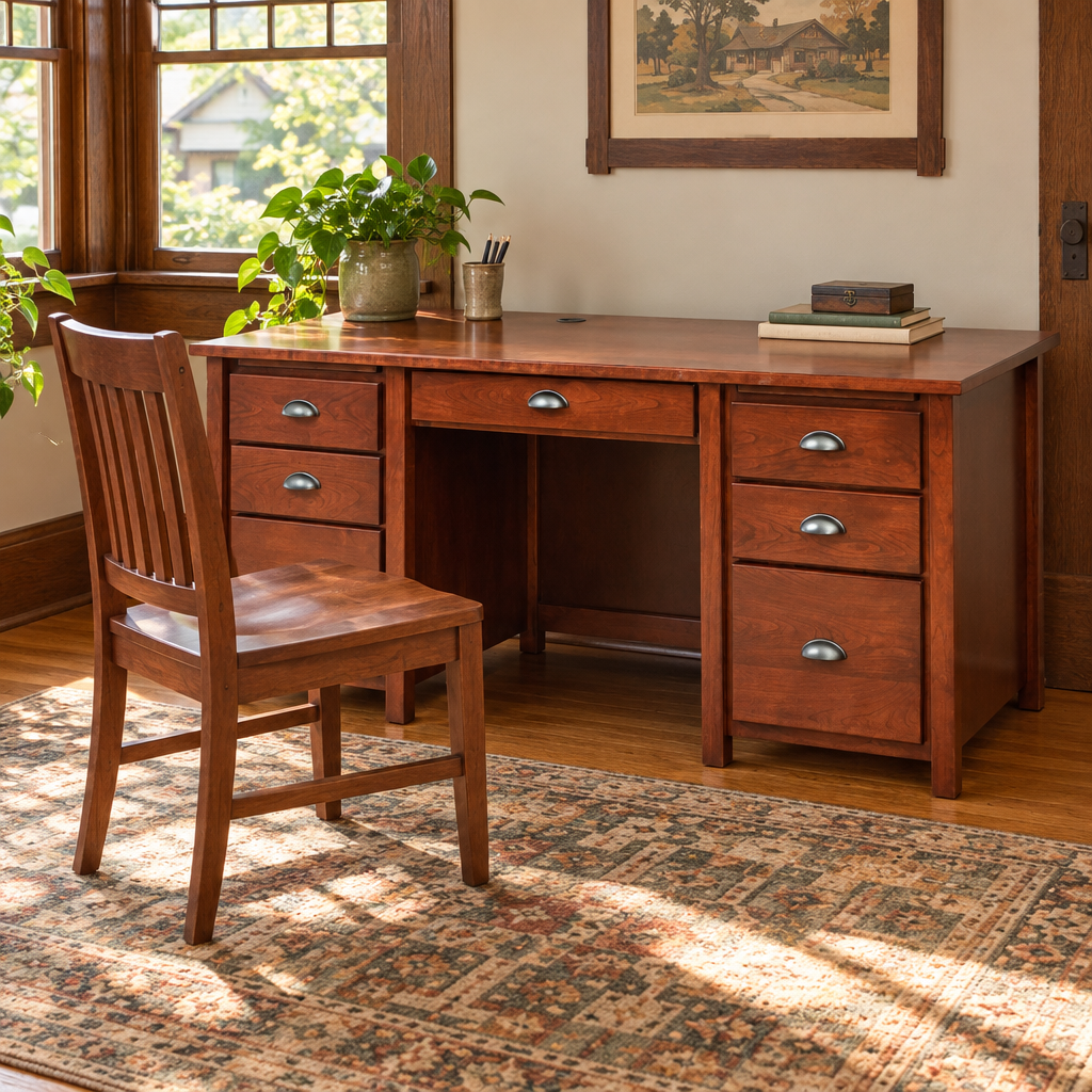 Amish Eshton Double Pedestal Desk shown in the home office of a craftsman bungalow home