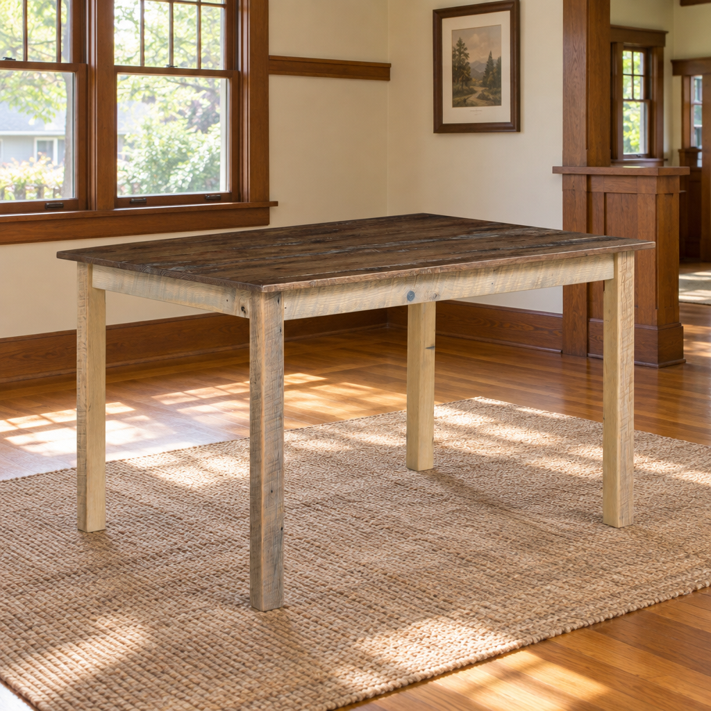 Amish Francisco Rustic Leg Dining Table shown in the dining room of a craftsman bungalow home