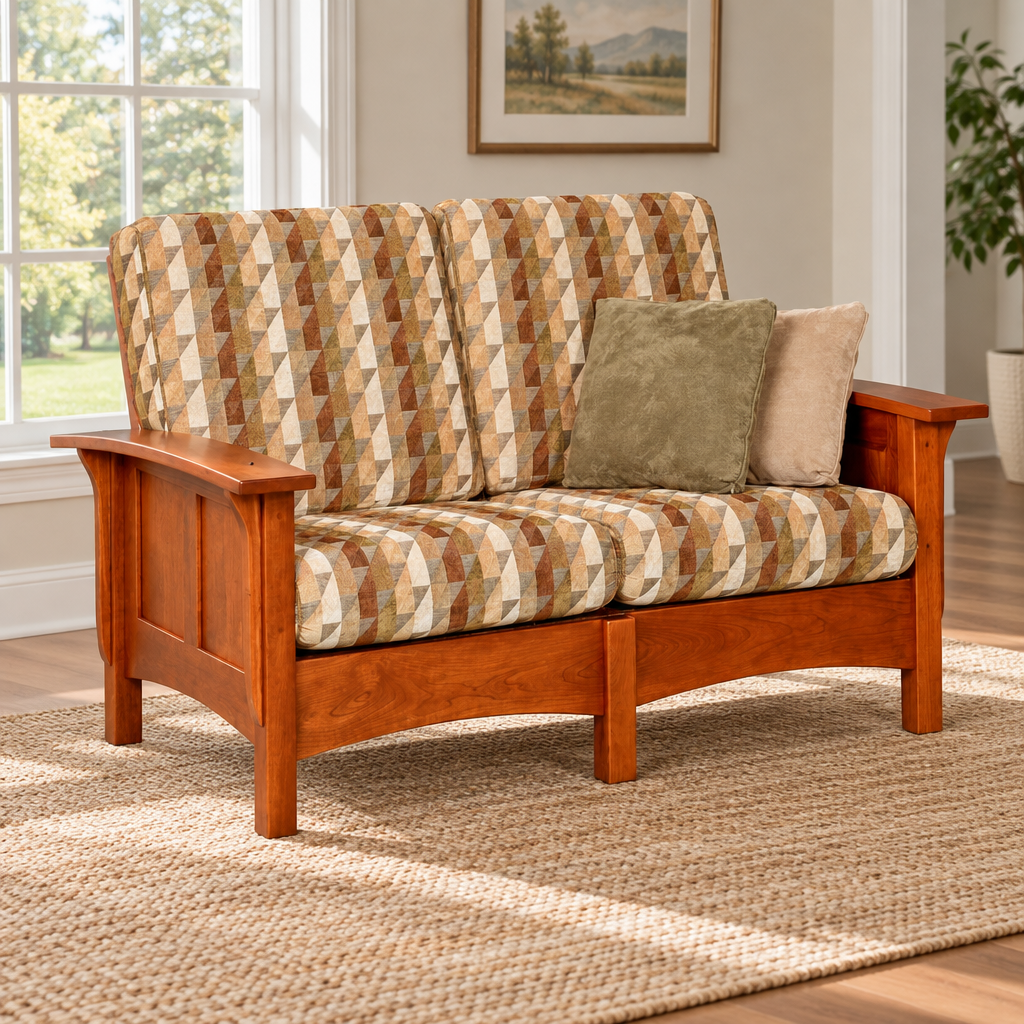 Amish Panel Mission Morris Loveseat shown in the living room of a transitional home