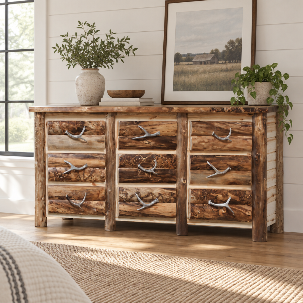 Amish Bighorn Aspen Log 9 Drawer Dresser shown in the bedroom of a modern farmhouse home