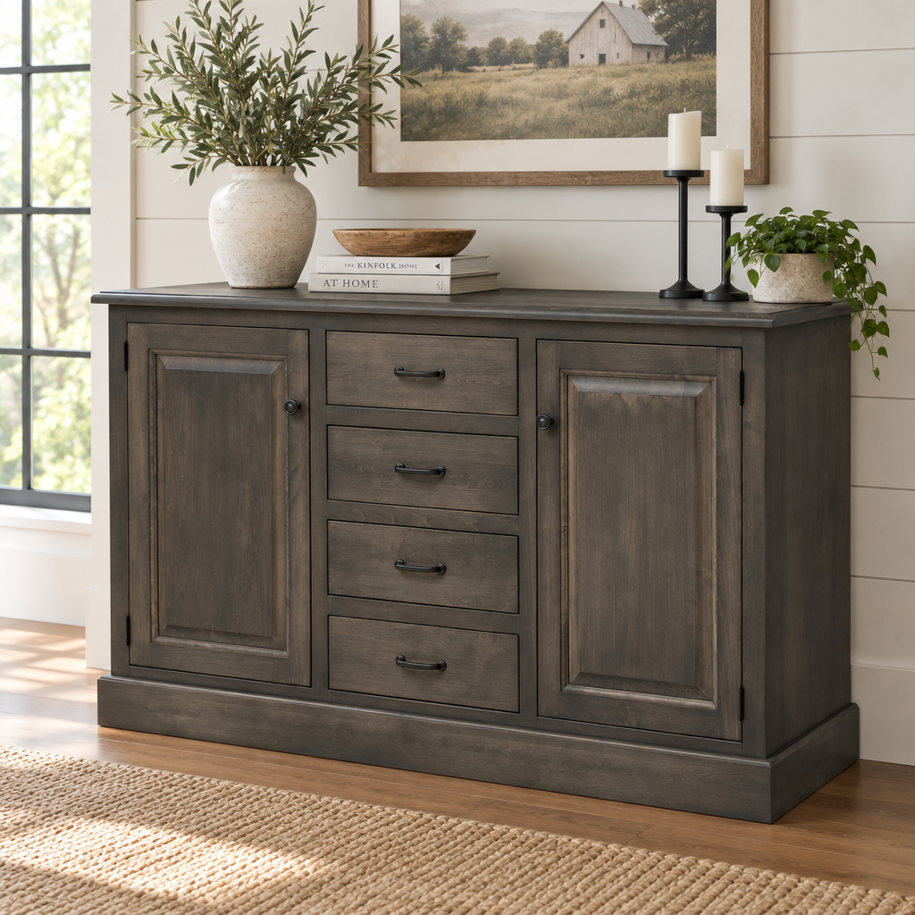 Amish Alana 2 Door 4 Drawer Dining Storage Buffet shown in the dining room of a modern farmhouse home
