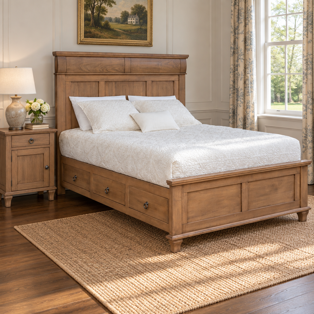 Amish Avignon Platform Drawer Captain Storage Bed shown in the bedroom of a traditional colonial home